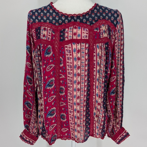 Anthropologie Red Navy Blue Boho Long Sleeve Gretchen Patchwork Lace Blouse 12 - Picture 4 of 8